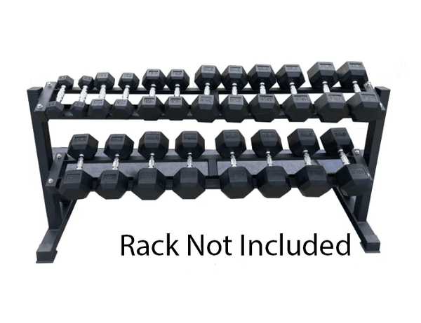 5-50 Set of black echo strength hexagonal dumbbells on a metal stand with 'Rack Not Included' text.