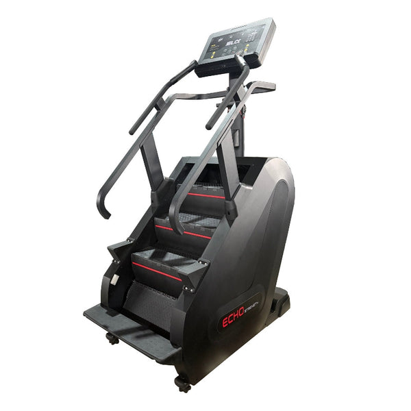 Kodiak Echo Commercial Stair Master Climber JL1048, black commercial stair climber with LED console, three-quarter front view