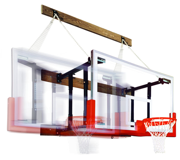 First Team FoldaMount46 Triumph side-folding wall mount basketball goal with 42x72 glass backboard