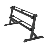 Echo Kodiak Echo Fitness Hex 5-50lbs dumbbells on a 2-tier rack with angled design, shown on white background.
