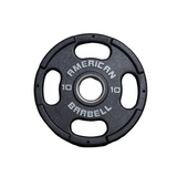 Black 10-lb American Barbell Urethane Grip Plate with white lettering, shown on a white background.