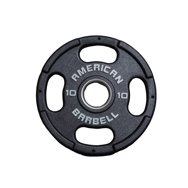 Black 10-lb American Barbell Urethane Grip Plate with white lettering, shown on a white background.