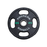 A black 25lb American Barbell Urethane Grip Plate with white/green lettering and three grip holes.
