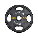 Black 35-lb American Barbell Urethane Grip Plate with three holes, yellow/white text on white background.