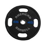Black 45 lb American Barbell Urethane Grip Plate with three grip holes and bold front text.