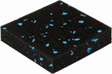 The 1/2" (12mm) Kodiak Commercial Grade Rolled Rubber Flooring is shown as a square black mat with blue specks, pictured from an angle that highlights its thickness and textured surface.