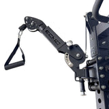 Close-up of Echo Kodiak Echo Rack Tornado / Pivot Arms, black with handle, mounted on gym equipment.