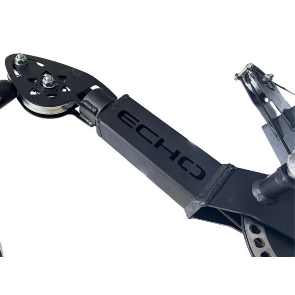 Close-up of the Kodiak Echo Rack Tornado by Echo, featuring black metal, bolts, and pivot arms.