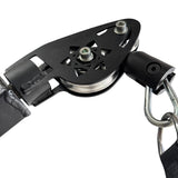 Close-up of Echo Kodiak Echo Rack Tornado Pivot Arms with black metal pulley, wheel, hook, strap, and articulating arm.
