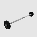 Troy Pro-Style Rubber Encased Fixed Straight Barbell by Troy Barbell with black plates on a light gray background.