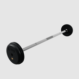Troy Barbell’s Pro-Style 30 lb rubber fixed barbell in black and silver rests on a plain background.