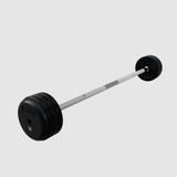 The Troy Pro-Style Rubber Encased Barbell by Troy Barbell sits on a light gray background with black weight plates.
