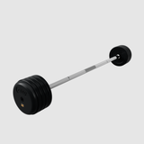 The Troy Pro-Style Rubber Encased Barbell by Troy Barbell rests on a light gray background with round plates.