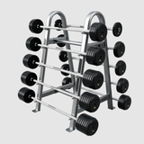 A rack holds Troy Pro-Style Rubber Encased Fixed Straight Barbells by Troy Barbell, lined up neatly on three tiers.