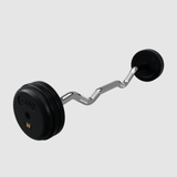 Troy Pro-Style Rubber Encased Curl Barbell by Troy Barbell with 50 lb plates, on a plain gray background.