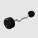 A Troy Pro-Style Rubber Encased Fixed Curl Barbell by Troy Barbell rests against a plain light background, 70 lbs each end.