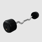 A Troy Barbell Pro-Style Rubber Encased Fixed Curl Barbell lies on a plain gray background, ready for your next lift.