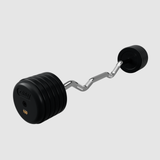 Troy Barbell Pro-Style Rubber Curl Barbell with weight plates, displayed on a plain light gray background.