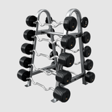 A metal rack holds Troy Barbell curl barbells with rubber round plates, arranged by size for pro-style workouts.