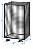 Kodiak Sports Robot Capture and Containment Netting Box; H, W, D marked with blue arrows for easy setup.
