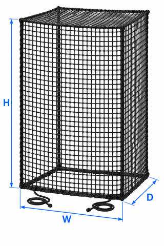 Kodiak Sports Robot Capture and Containment Netting Box; H, W, D marked with blue arrows for easy setup.