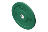 Green 10 kg Troy VTX Color Bumper Plate by Troy Barbell, angled on white background, perfect for Olympic training.