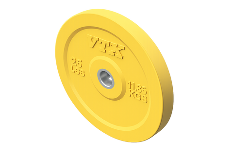 Yellow 2.5 kg Troy VTX Color Bumper Plate by Troy Barbell, solid rubber with metal center, perfect for Olympic training.