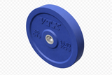 Troy Barbell VTX Color Bumper Plate, blue, 35 lbs/15.89 kgs, solid rubber with metal center—transparent background.