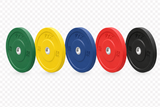 Five Troy VTX Color Bumper Plates by Troy Barbell stand upright in a row on a transparent background.