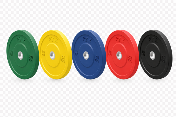 Five Troy VTX Color Bumper Plates by Troy Barbell stand upright in a row on a transparent background.