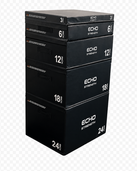 The Echo Kodiak Echo Strength Plyo 5 Box Set: black, labeled plyo boxes for plyometric and explosive strength training.