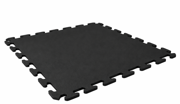 Kodiak EZ-Lock 2' x 2' x 3/8" black interlocking tile by Athletic Textiles, shown angled on white.