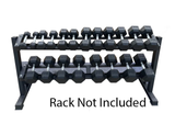 5-50 Set of black echo strength hexagonal dumbbells on a metal stand with 'Rack Not Included' text.