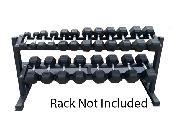 5-50 Set of black echo strength hexagonal dumbbells on a metal stand with 'Rack Not Included' text.