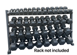 5-50 Set of black hexagonal dumbbells on a metal rack with 'Rack not included' text.