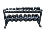 5-50 Black hexagonal dumbbells on a metal rack on a white background