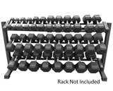 5-75 Set of hexagonal echo strength dumbbells on a metal rack with 'Rack Not Included' text.