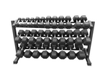 5-75 set of black hexagonal dumbbells on a metal rack against a white background