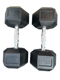Pair of black echo strength hexagonal dumbbells with '25LB' marking on a white background