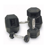Pair of black hexagonal dumbbells with weights on a white background