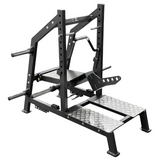 The Echo Kodiak HM97 Plate Loaded Belt Squat is a black lower-body machine with metal footplates and weight holders.