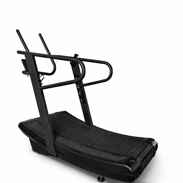 Echo Kodiak Echo Commercial Curved Treadmill 02001, black and curved with side handles, shown on a white background.
