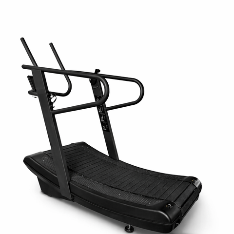 Echo Kodiak Echo Commercial Curved Treadmill 02001, black and curved with side handles, shown on a white background.