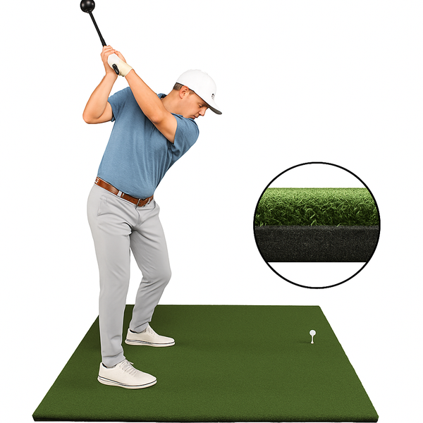 golfer on 5x5 nylon golf driving mat on white screen