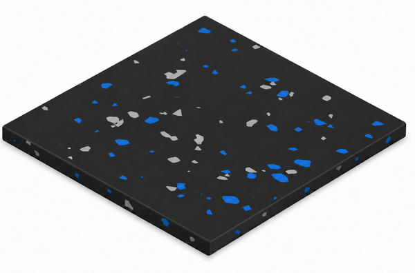 Athletic Textiles 1/4″ Kodiak rolled rubber flooring—black with blue/gray flecks, perfect for weight rooms.