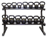 Two rows of kettlebells rest on the Troy VTX Kettlebell Rack by Troy Barbell, neatly storing various sizes and weights.