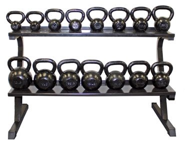 Two rows of kettlebells rest on the Troy VTX Kettlebell Rack by Troy Barbell, neatly storing various sizes and weights.