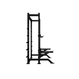 Side view of the Troy Fitness Half Rack by Troy Barbell, a black metal power rack with adjustable safety bars on white background.