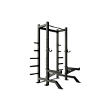 Troy Fitness Half Rack by Troy Barbell in black and gray with adjustable safety bars, shown on a white background.