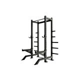 The Troy Fitness Half Rack by Troy Barbell features adjustable safety bars and weight storage, ideal for commercial gyms.